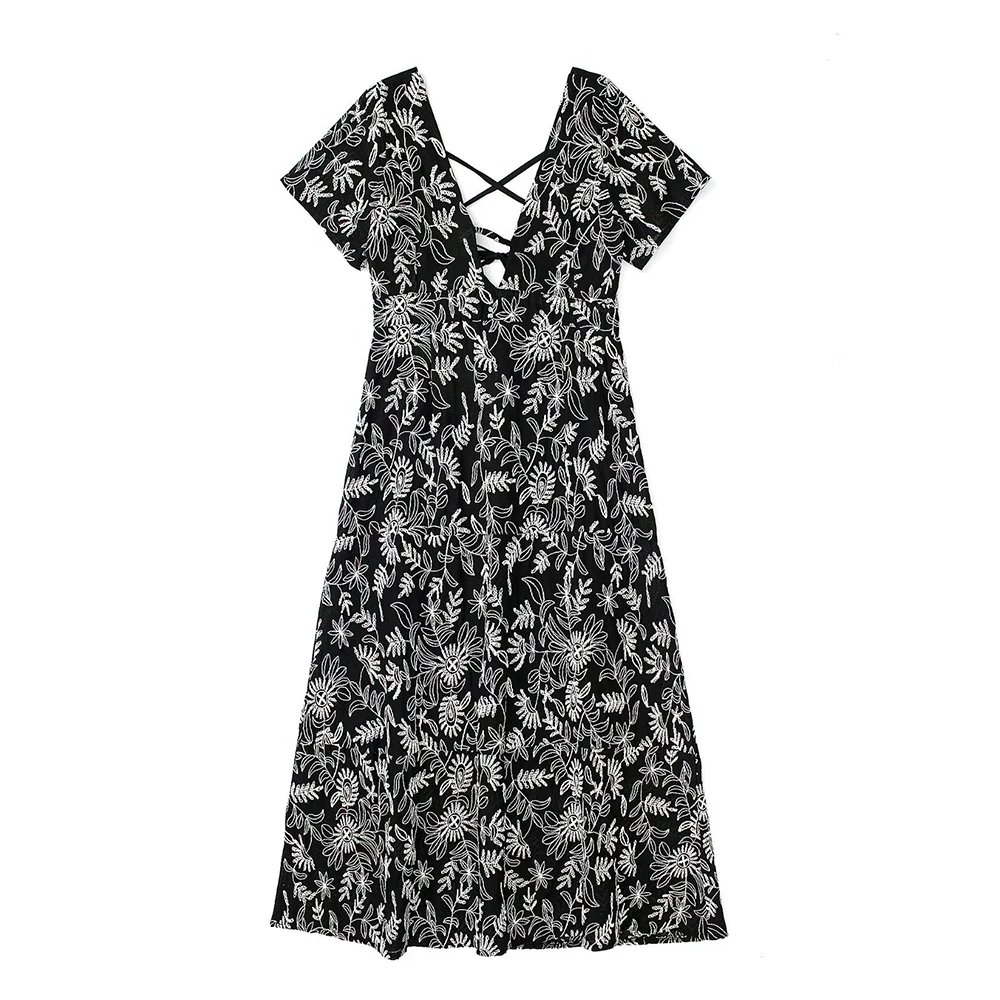 

Women Embroidered Maxi Dress Short Sleeves V-neckline Lace-up Back Chic Lady Elegant Long Dresses Female 2022 Femme Robe