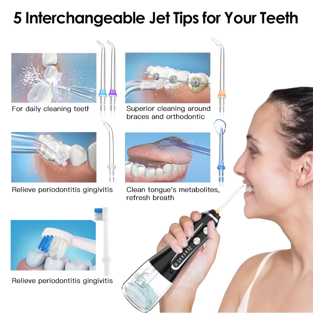 5 Modes Portable 300ml Oral Irrigator USB Rechargeable Dental Water Flosser Jet Waterproof Irrigator Dental Teeth Cleaner+5 Tips enlarge