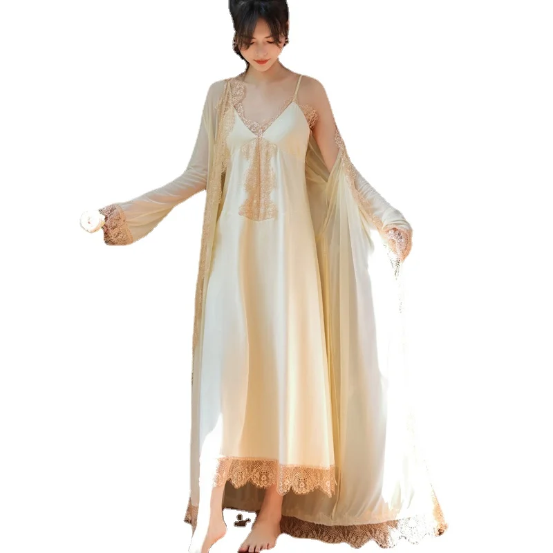 2023 Summer Long-sleeved Nightgown Women's Spring Chest Pad Sling Nightdress Cotton Palace Style Pajamas Home Service Suit