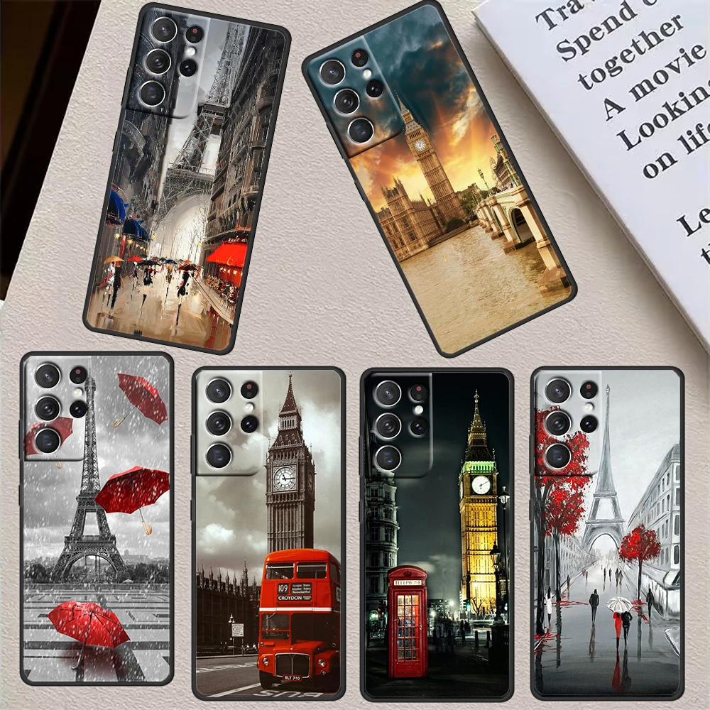 

Eiffel Tower London City For Samsung S23 S22 S21 Ultra S20 FE Pro Lite S10 S9 S8 Plus 5G Black Phone Case Cover