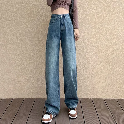 Women's High Waist Straight Jeans Streetwear Boyfriend High Street Full Length Denim Pants Vintage Blue Wide Leg Jeans Women
