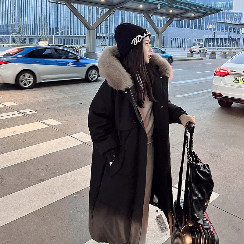 Winter New Fashion Mid Long Down Cotton Coat Women Big Fur Collar Hooded Loose Thicken Warm Padded Jacket Female Clothing Parkas