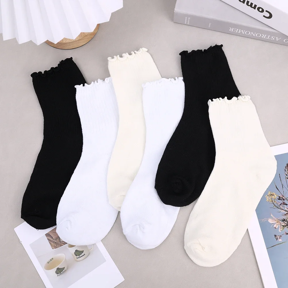 4 пары хлопковых носков до щиколотки с оборками женские осенние черные белые