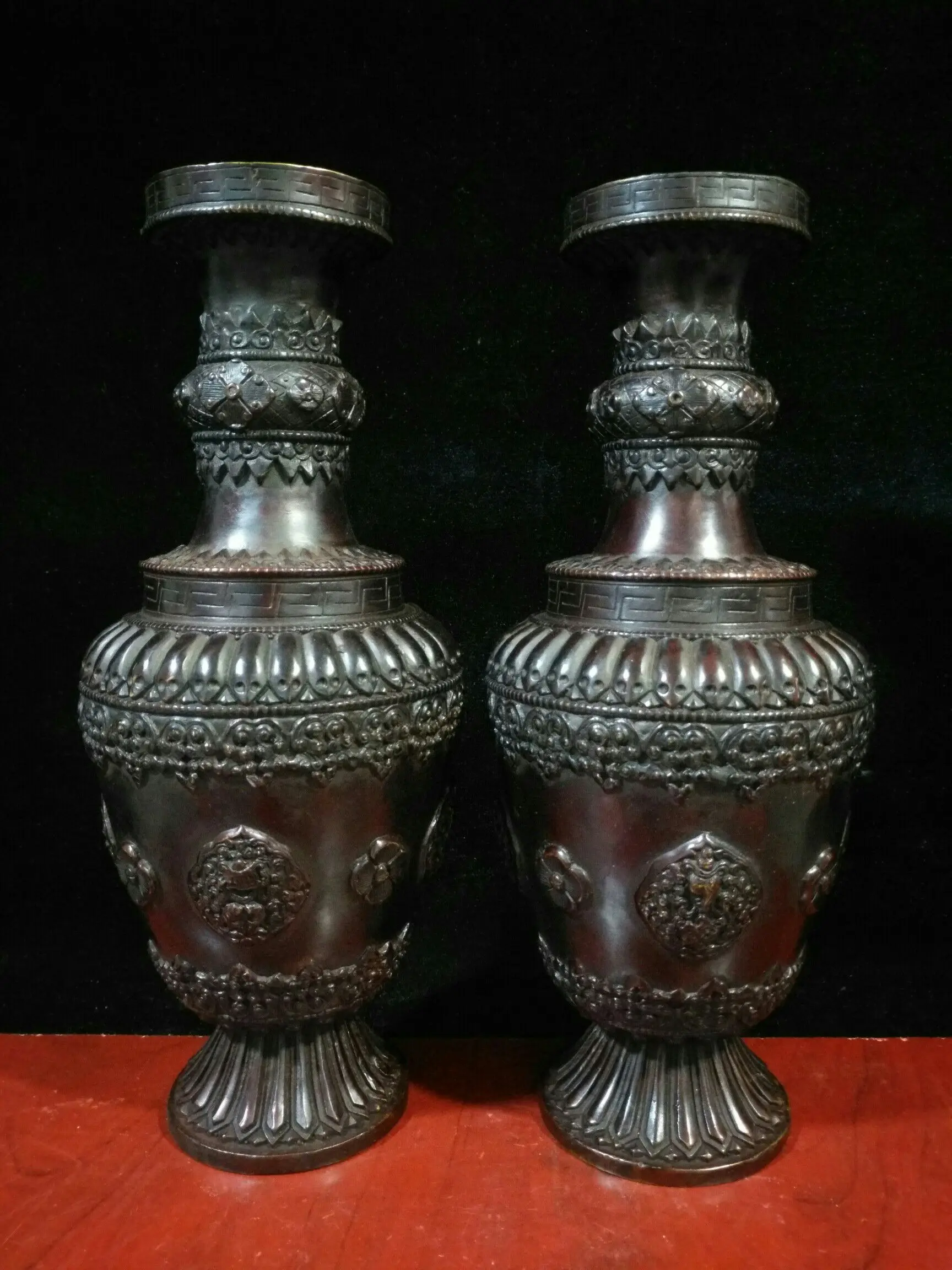 

12" Chinese Folk Collection Old Bronze Auspicious Eight Treasures vase a pair happiness office ornament Town house Exorcism