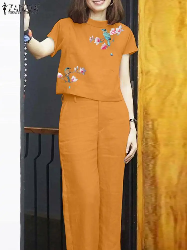 Костюм ZANZEA с цветочной вышивкой лето 2024 блузка коротким рукавом и