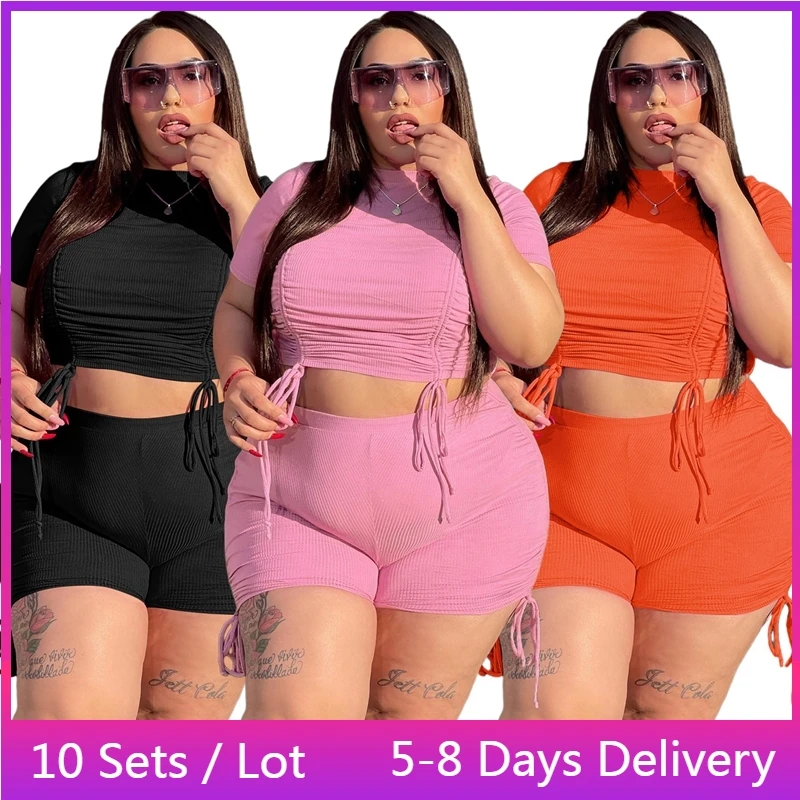 

Wholesale Items Fashion Ribbed Tracksuit Women Workout Ruched Crop Top and Shorts Set Drawstring Bodycon Two Piece Set 4XL