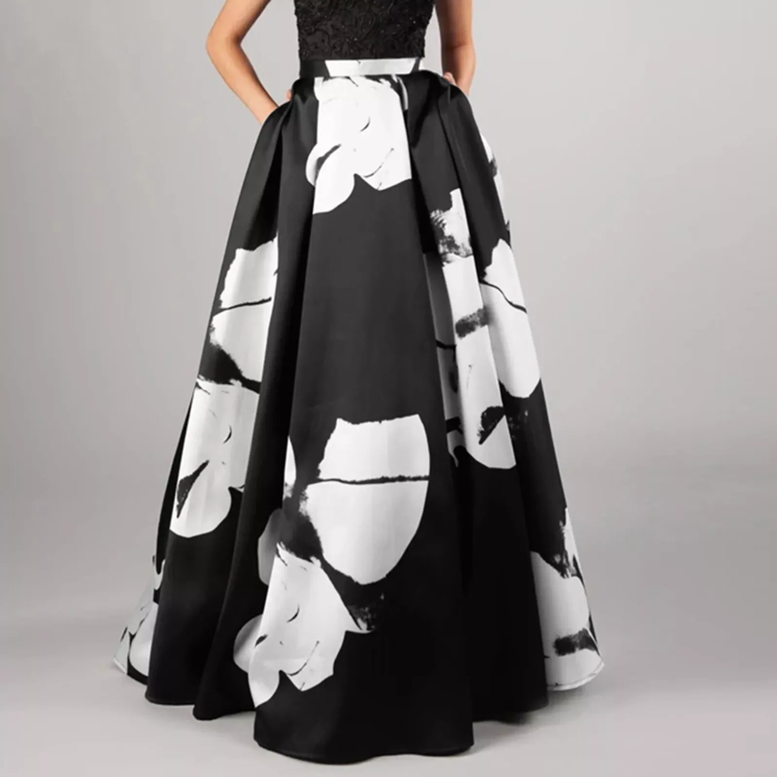 

New in 2022 Women Flowers Print Long Skirts High Waist Skirt Party Beach Pocket Long Maxi Skirt Ruffled Hem Elegant Party Skirts
