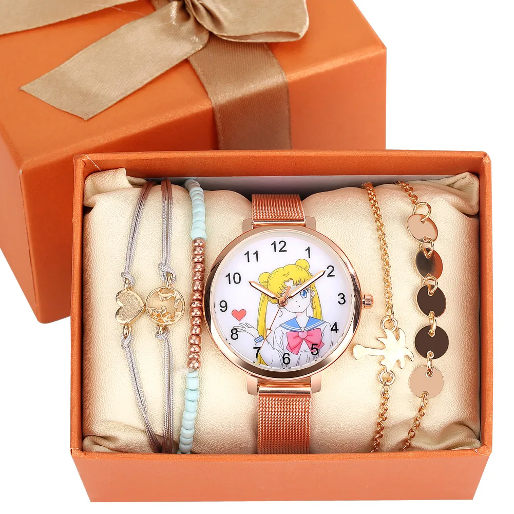 

5PCS New Fashion Watch for Women Bracelet Set Gift for Girls Casual Quartz Wristwatch Luxury Rose Gold Mesh Band Reloj De Mujer