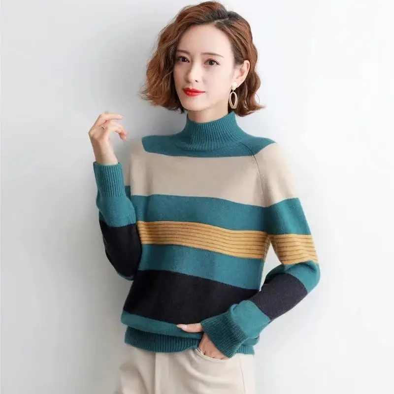 

2022 Women's Autumn Winter New Loose Knitted Tops Female Thicken Warm Pullovers Ladies Half High Collar Striped Sweater Tops X37