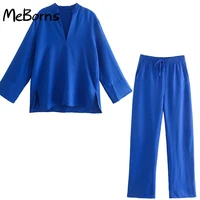 2022 woman casual traf outfits thin style spring loose shirt long straight pants suits royal blue 2 piece sets