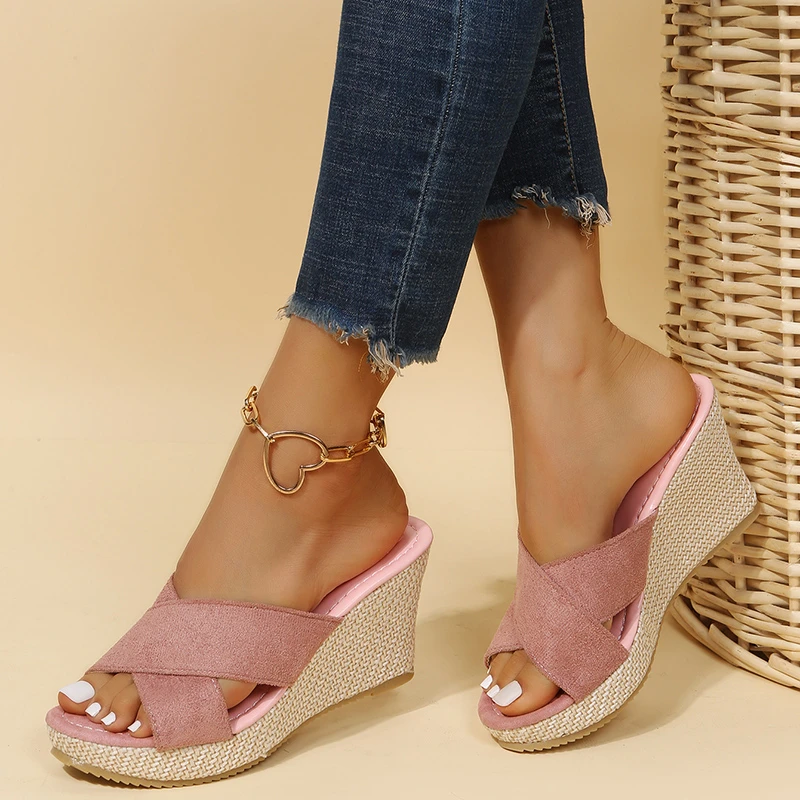 

2022 Womens Shoes Summer Solid Wedges Slippers Slides Fashion Open Toe Slip-On Party Sandals Platform High Heels
