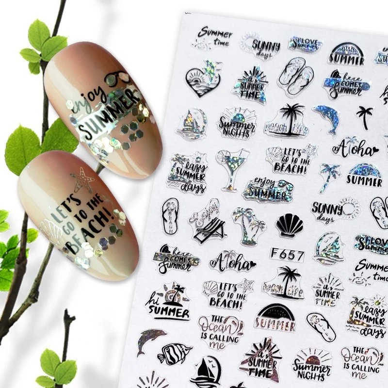 

3d Lasersilver Black лак для ногтей Клей для задней панели, дизайнерские наклейки для ногтей, красивые накладные ногти