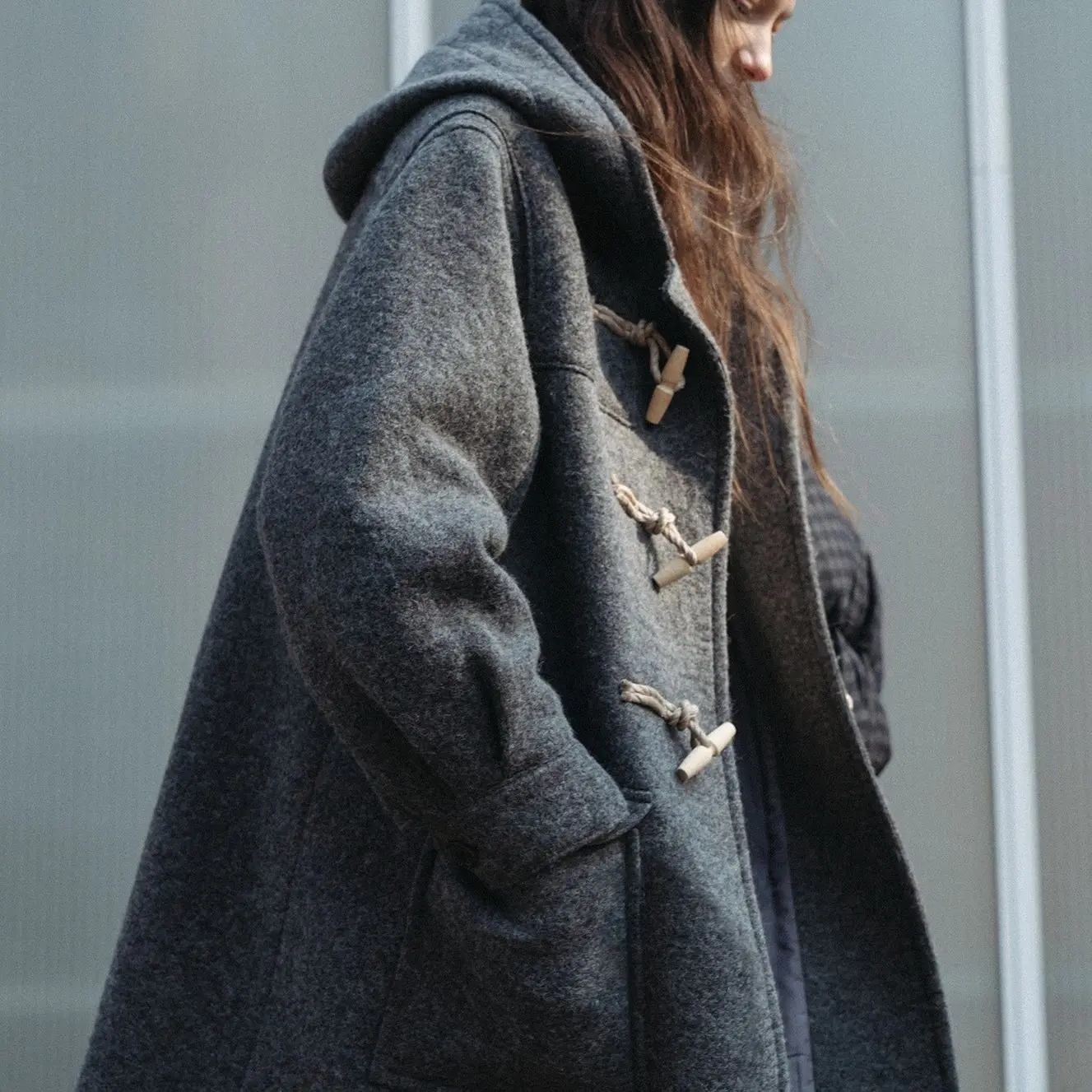 

Horn Buckle Wool Coat Women's Autumn And Winter New Hooded Mid-length Coat