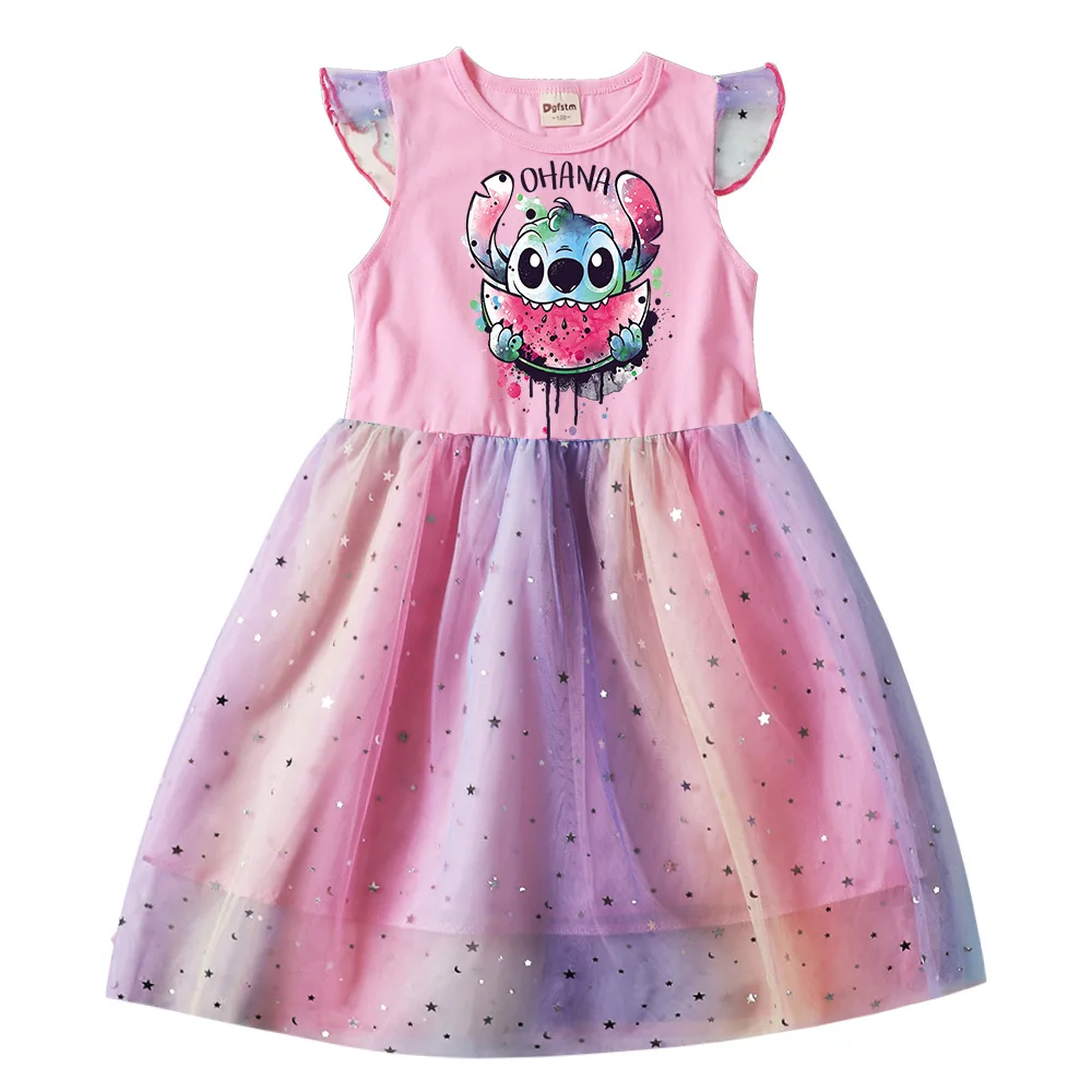 

Toddler Girl Baby Summer Dress Lace Princess Disney Stitch Dress Cotton Print Kids Clothes Girls Birthday Party Dresses