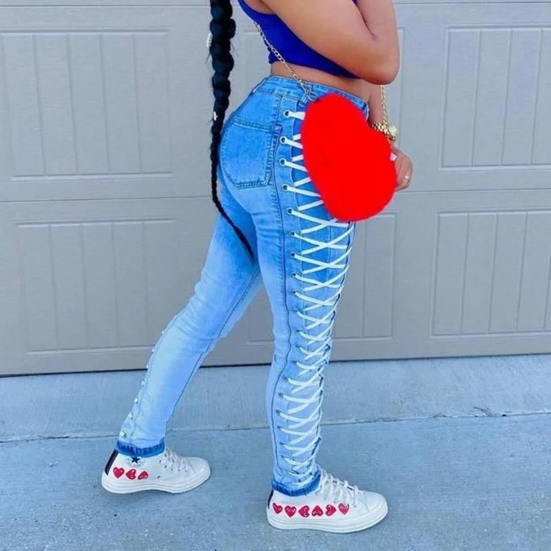 Bandage Jeans High Waist Clothes Pencil Denim Clothing Blue Streetwear Vintage 2023 Fashion Harajuku Skinny Lace-up Pants Pants