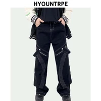 fashion hip hop pants retro cargo flare pant streetwear side lines harajuku joggers casual zipper loose straight cotton trouser