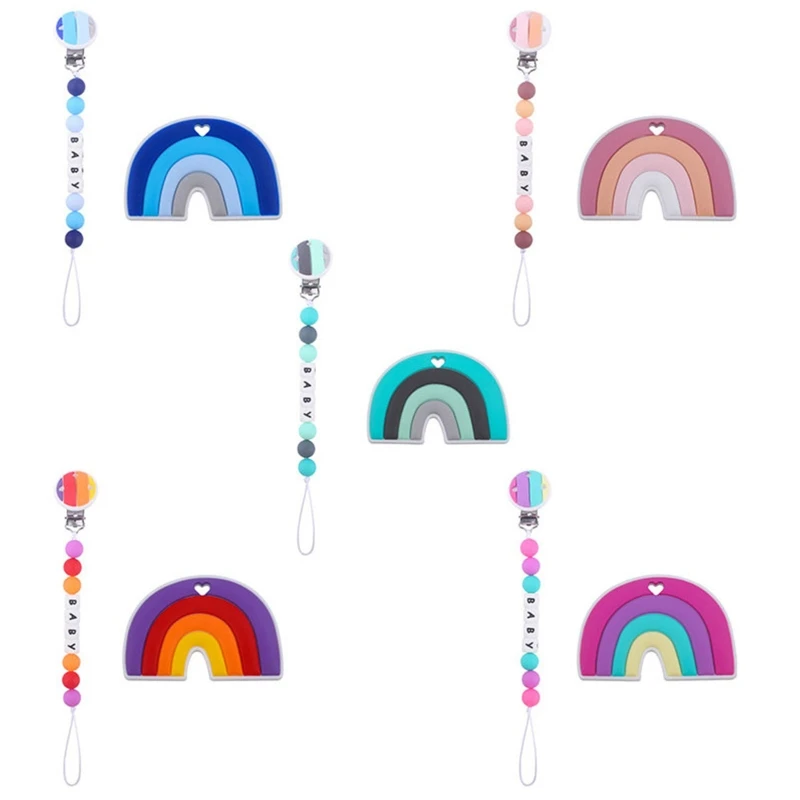 

2 Pcs Baby Pacifier Chain Clip Rainbow Teether Set Newborn Nipple Dummy Clip Holder Silicone Teething Soother Molar Toys