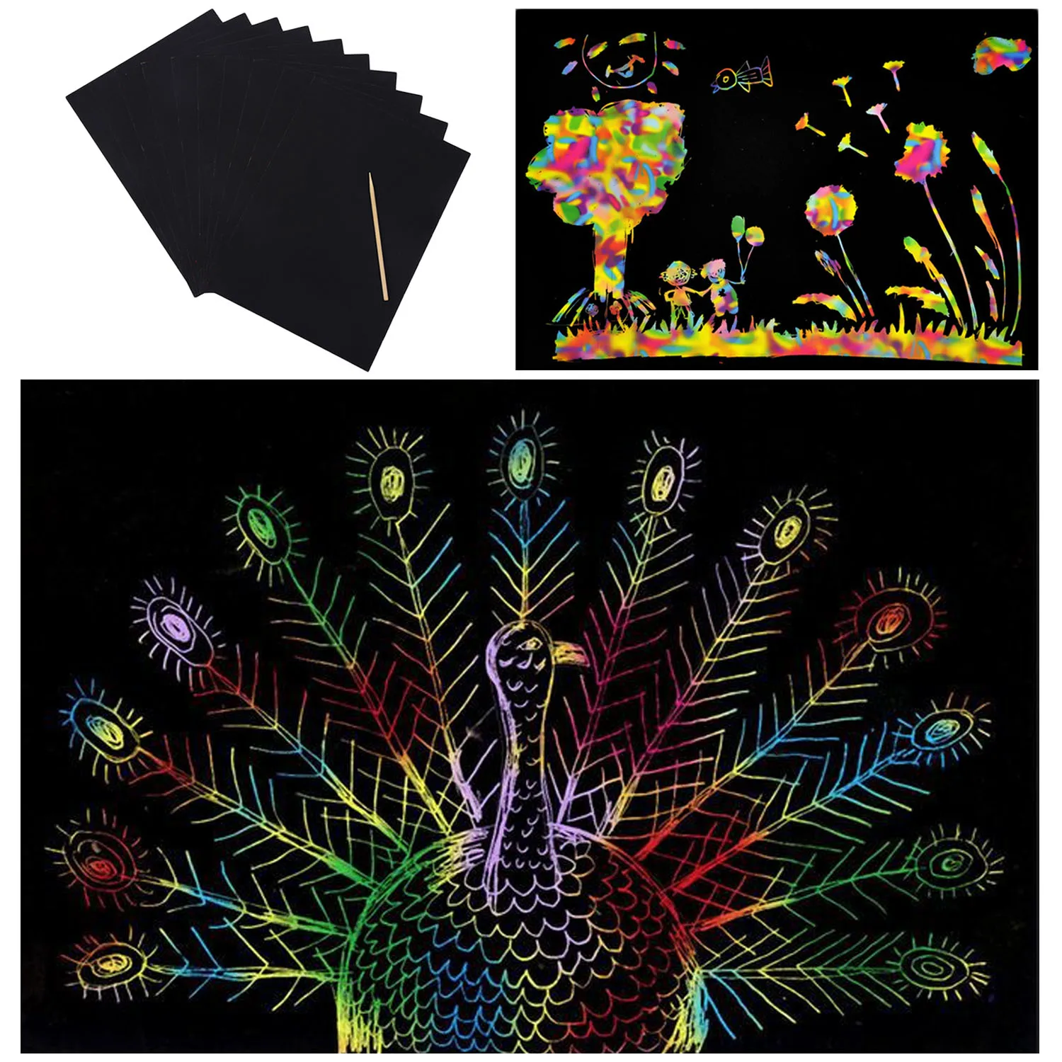 

40x Magic DIY Rainbow Scratch Painting Papers Scraping Drawing Cards 4x Bamboo Scraper Stylus Pen Sticks Graffiti Tool Toys