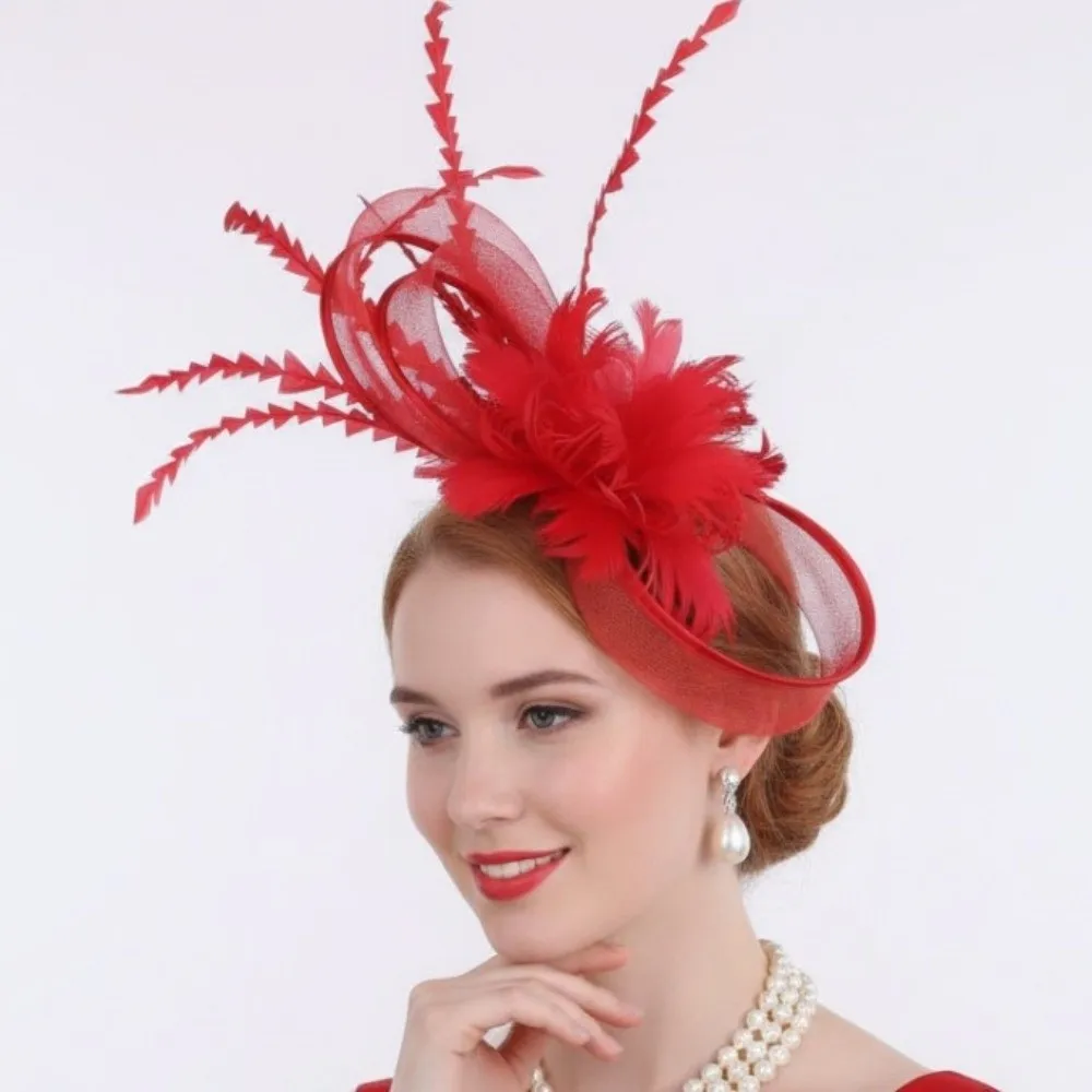 Фото Элегантный винтажный головной убор для женщин на скачки Royal Ascot: шляпка-фасцинатор с цветами и сеткой, аксессуар для волос №2