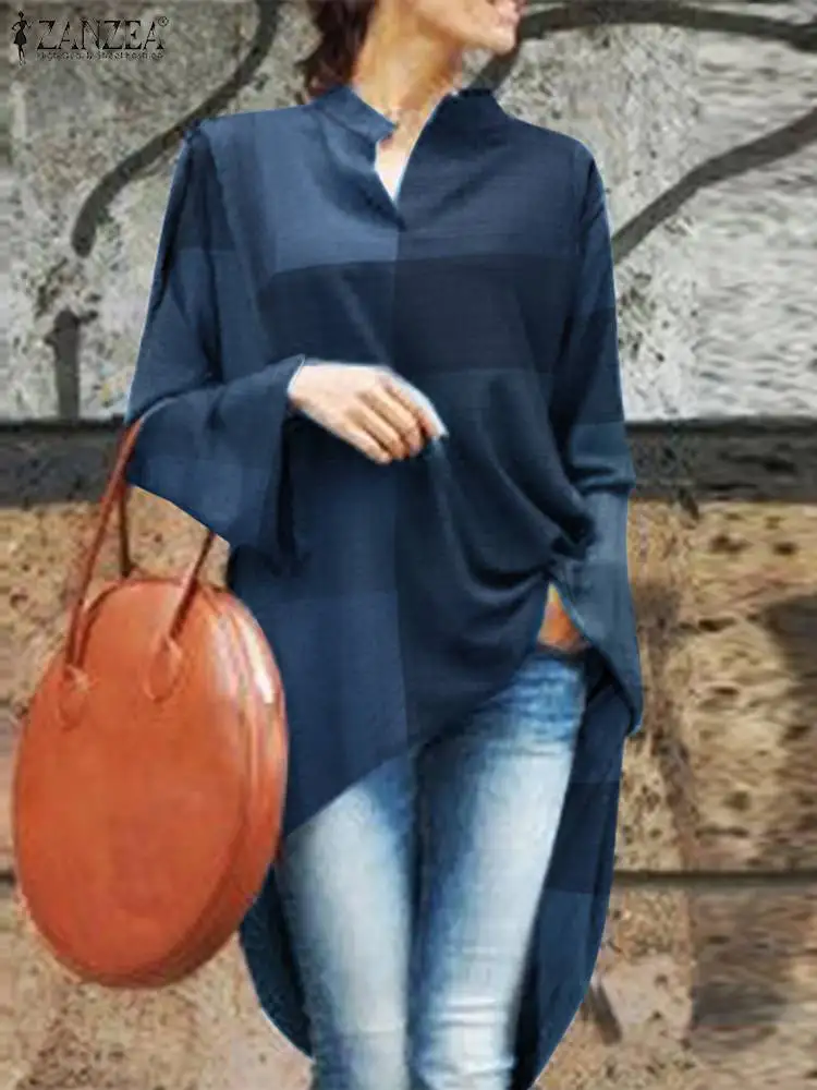

2022 High Low Fashion Women Checked Print Shirts ZANZEA Spring Vintage Blouses Lapel Neck Buttons Tunic Tops Long Sleeve Blusas