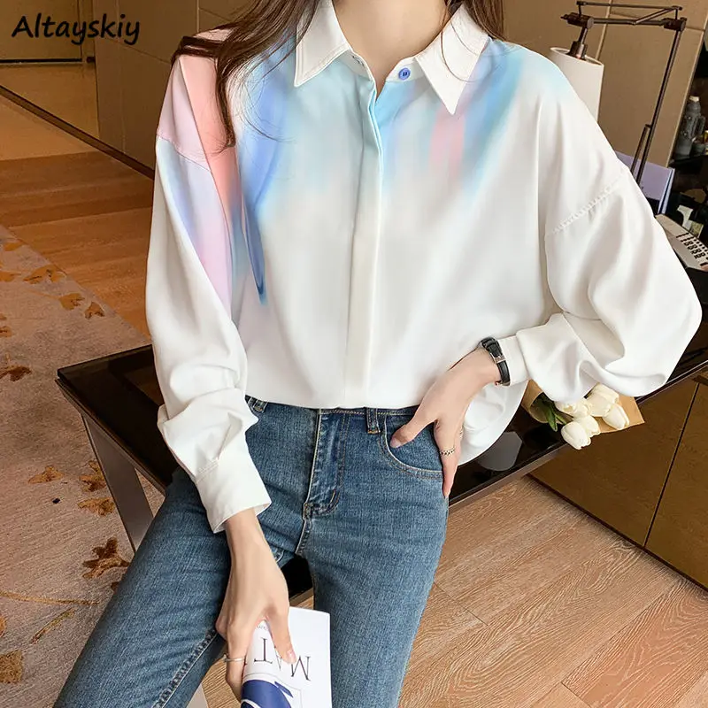 

Long Sleeve Shirts Women Gradient Ink Chiffon All-match Elegant Females Tops Chemise Femme Korean Style Fashion Design Vintage