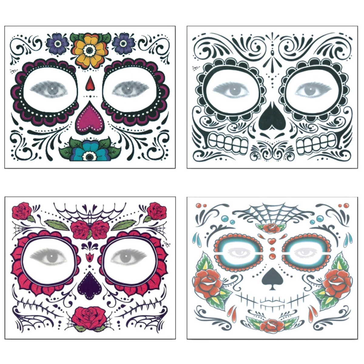 

4 Sheets Day of the Dead Tattoos, Sugar Temporary Tattoos Rose Design Makeup Stickers for Kids and & posters