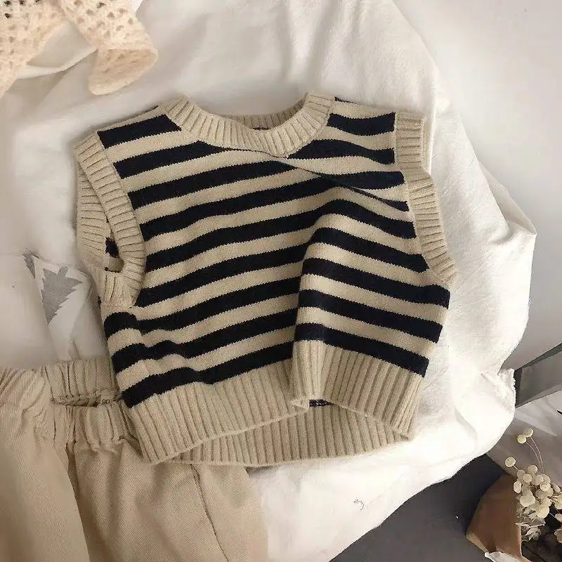 Autumn Toddler Childrens Striped Retro Casuales Korean Girls Boys Jacquard Vest Knitted Baby Sweater Baby Clothes Kids Children