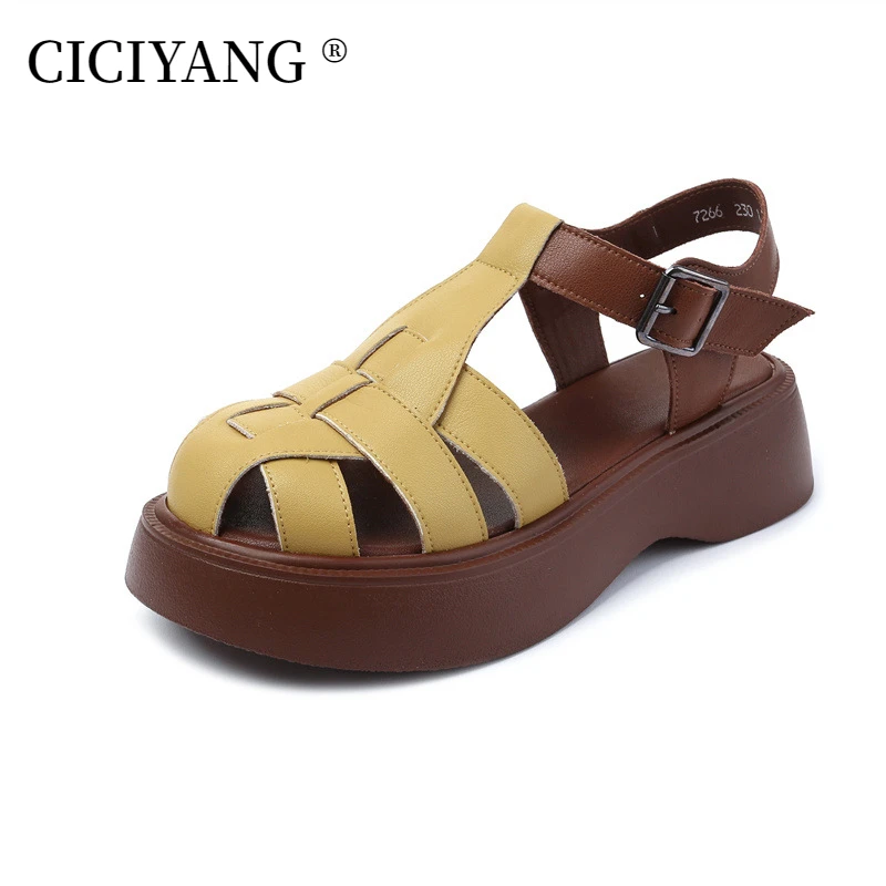 CICIYANG Sandals Women Summer 2023 New Genuine Leather Baotou Roman Sandals Ladies Retro Hollow Woven Women Gladiator Sandals 43