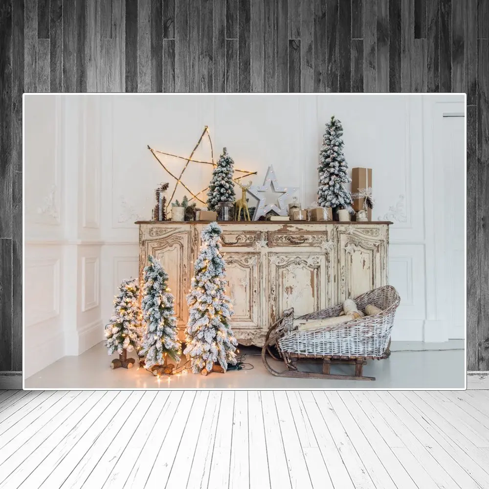 

Christmas Tree Sled Gift Cabinet Room Interior Photography Backgrounds Custom Baby Kids Party Decoration Photo Booth Backdrops