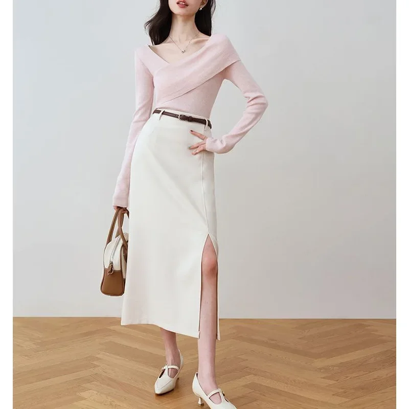 Вязаный топ для похудения во французском стиле с открытыми плечами новинка весны