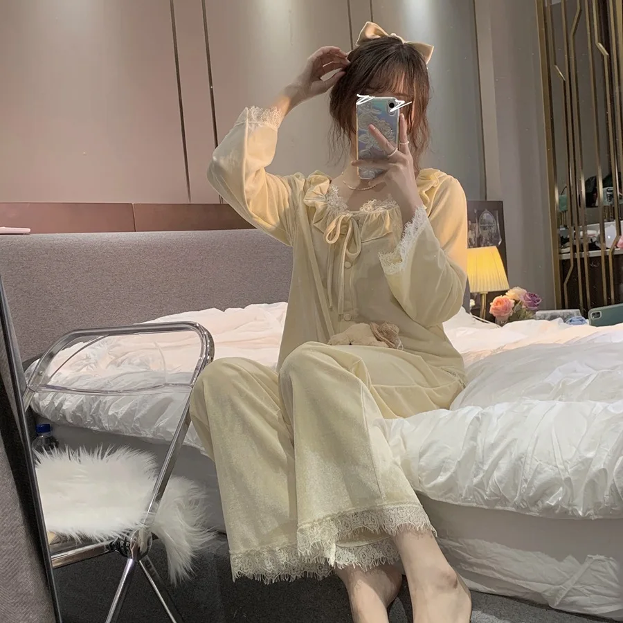 High Quality Spring Autumn Nightwear Set Golden Velvet Long-Sleeved Trousers Two Piece Suit Pajamas For Women Home Clothes