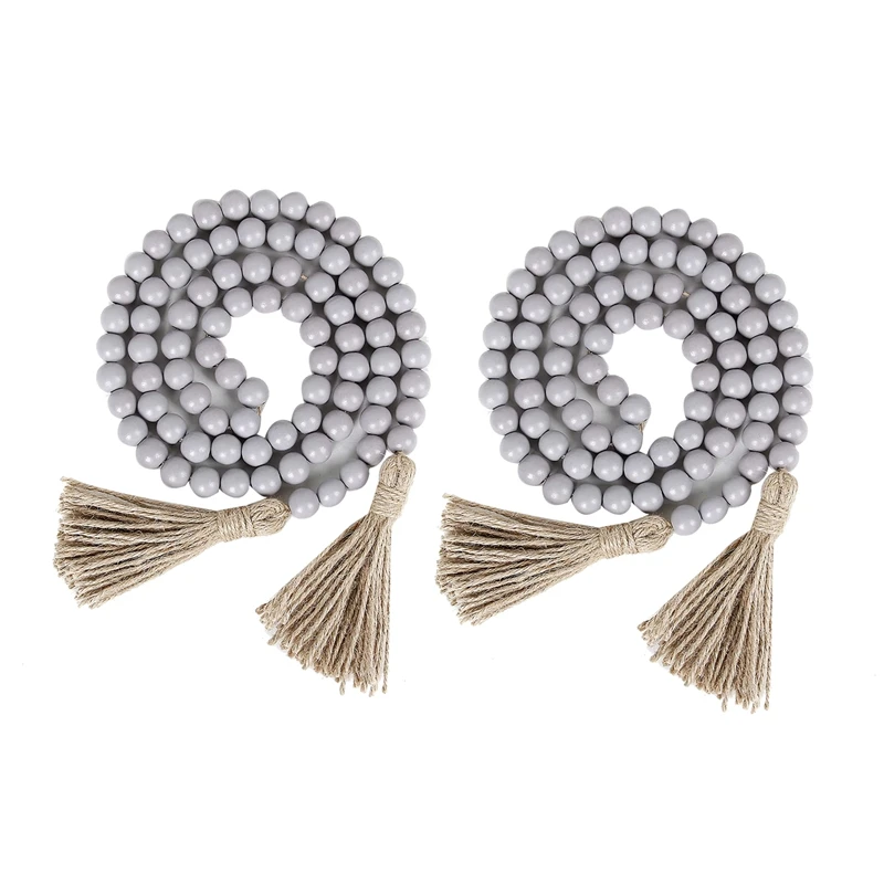 

2Pcs 58In Wood Bead Garland With Tassels,Farmhouse Rustic Country Decor Prayer Boho Beads Wall Hanging Decoration,Gray