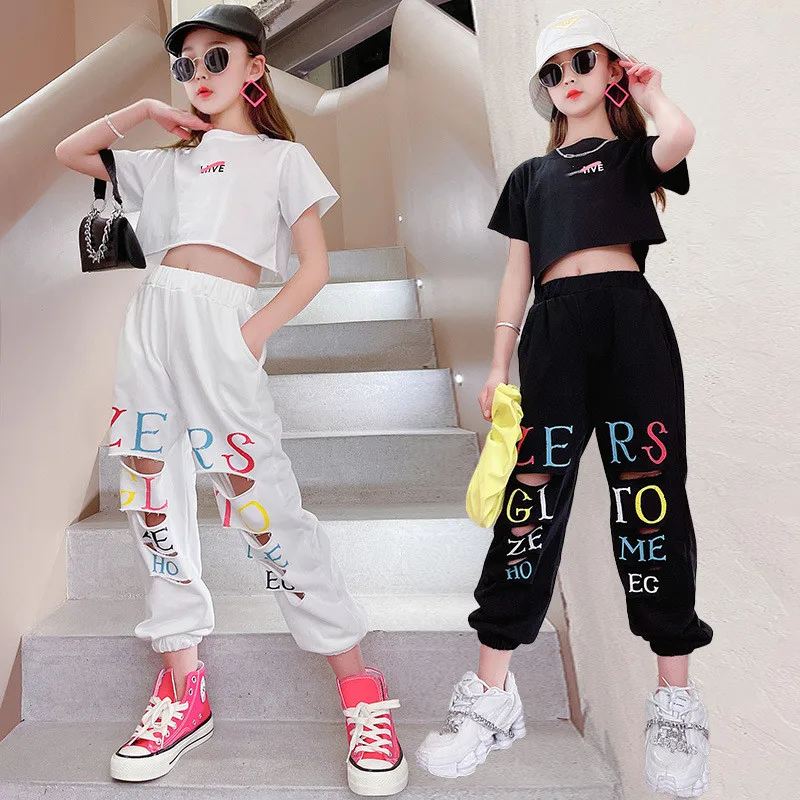 

2022 Summer Girl Fashion Handsome Casual Sport Suit Kids Short T-shirt Top+ Letter Ripped Trousers 2pcs Set Teenage Streetswear