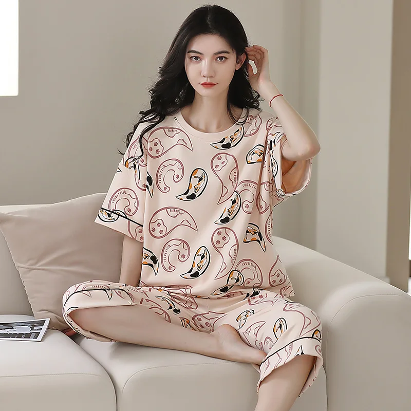 M-5XL Cartoon Cute Women Pajamas Summer Cotton Short-Sleeved Cropped Pants Two-Piece Set New Large Size Nightwear Home Clothes