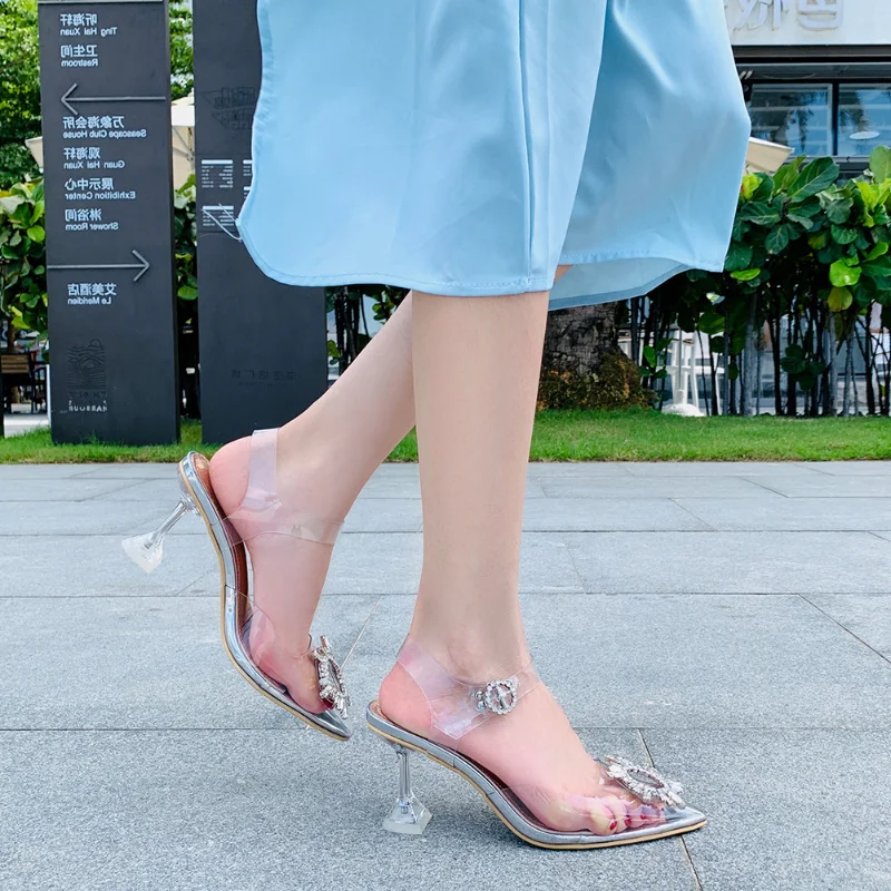 

Women High Heels Diamond Buckle Wine Glasses Women Sandals Mid Heel Sequins Transparent Lace Up Women Sandals Wedding Shoes