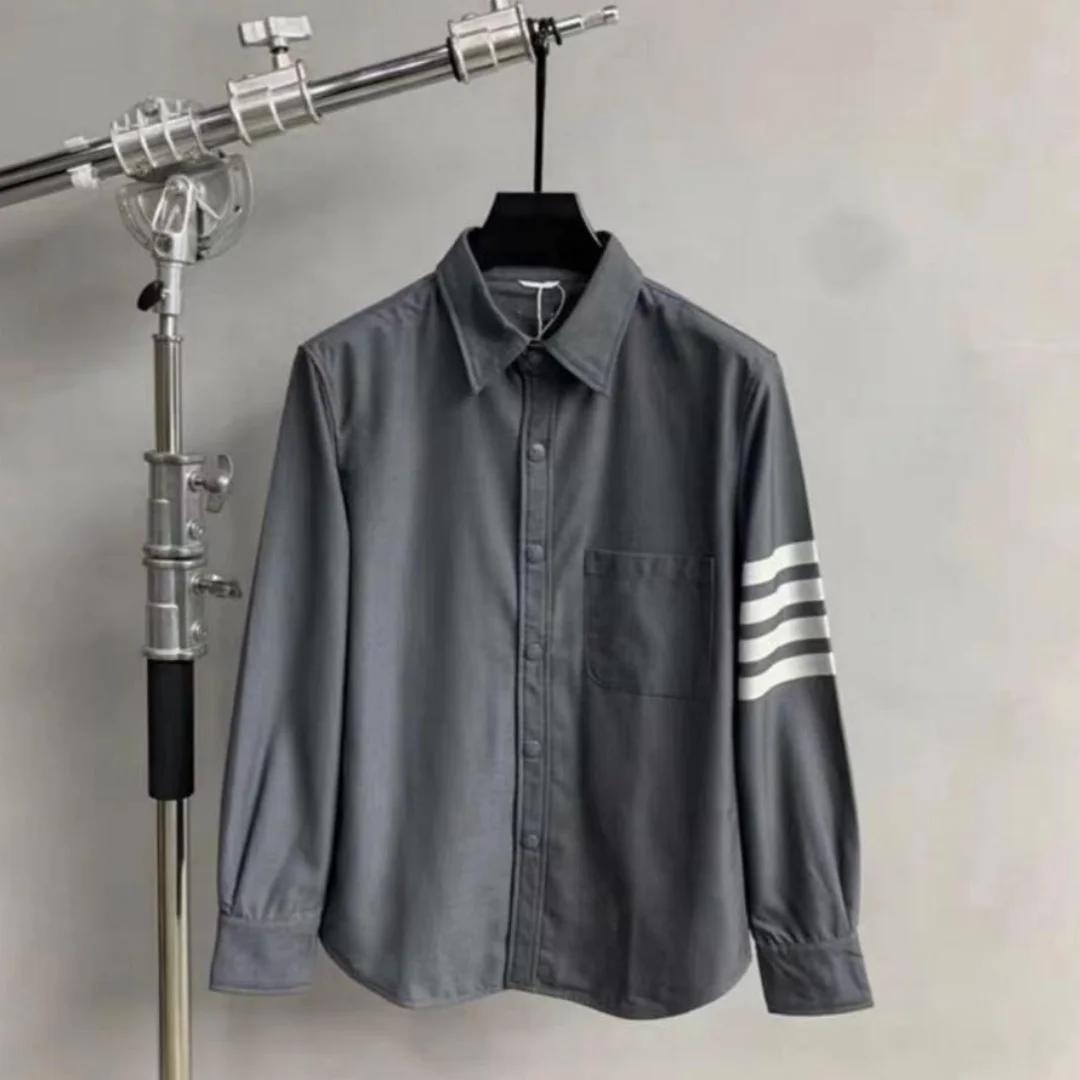 

THOM Shirt Jacket Grey Fashion Korean Design Striped Men Causal Shirts Spring Turn Down Collar Thin Spring Summer Men's Clothing