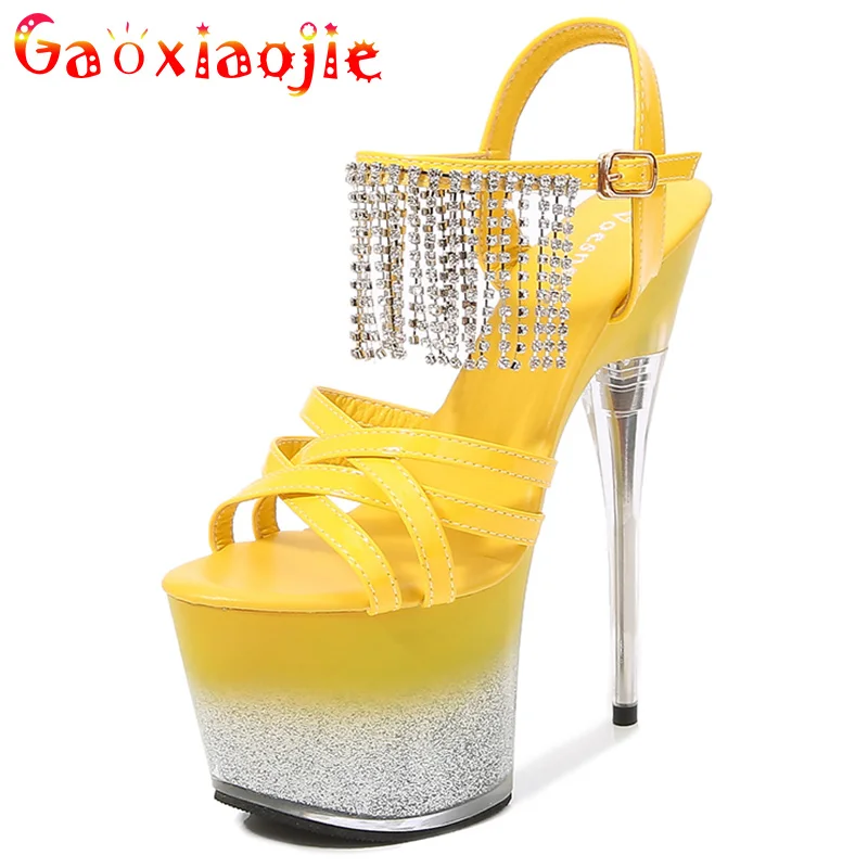 

Women Stripper Shoes Bling Fringe Transparent Thin Heels Patent Leather Sandals Cross-tied Platform Pole Dance Diamonds Heels