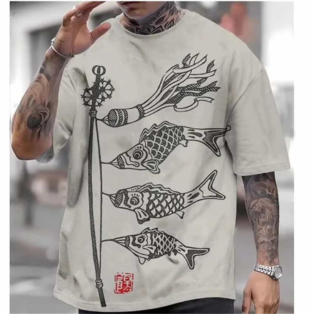 Японская мужская футболка Ukiyo-E с принтом короткими рукавами большой топ круглым