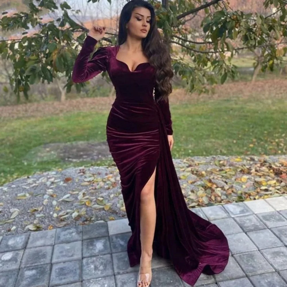 

Elegant Velour Mermaid Evening Dress 2023 Women Prom Gown With Train Long Sleeves Party Gown Split Sweetheart For Formal