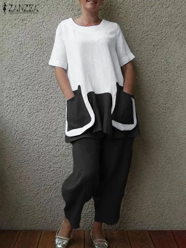 

ZANZEA Summer Fashion Suit Patchwork Urban Tracksuit 2pcs Short Sleeve Blouse Trousers Female Vintage Casual Matching Sets 2023