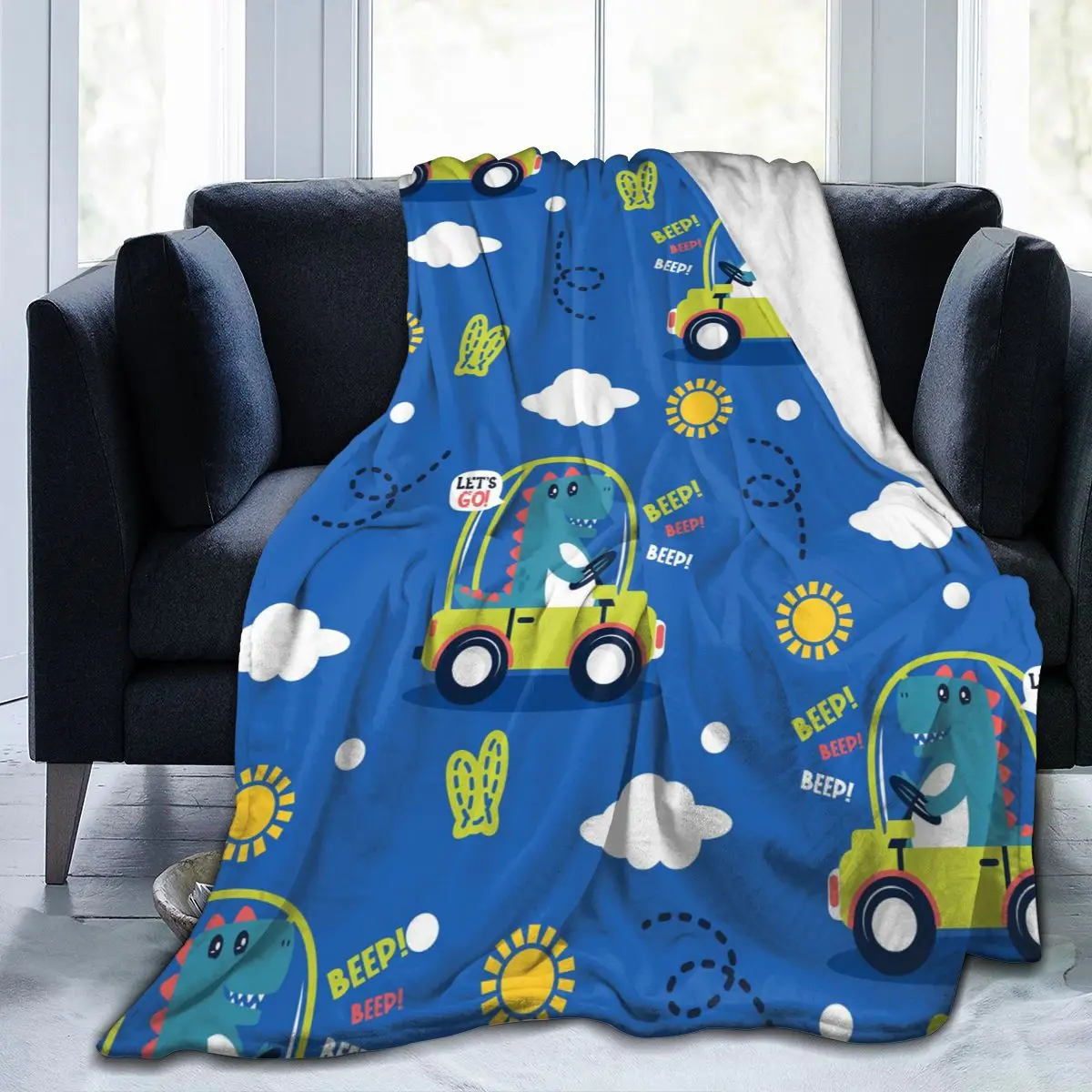 

Unique Blanket to Family Friends Cute Dinosaur In Car Cartoon Durable Super Soft Comfortable for Home Gift Blanket