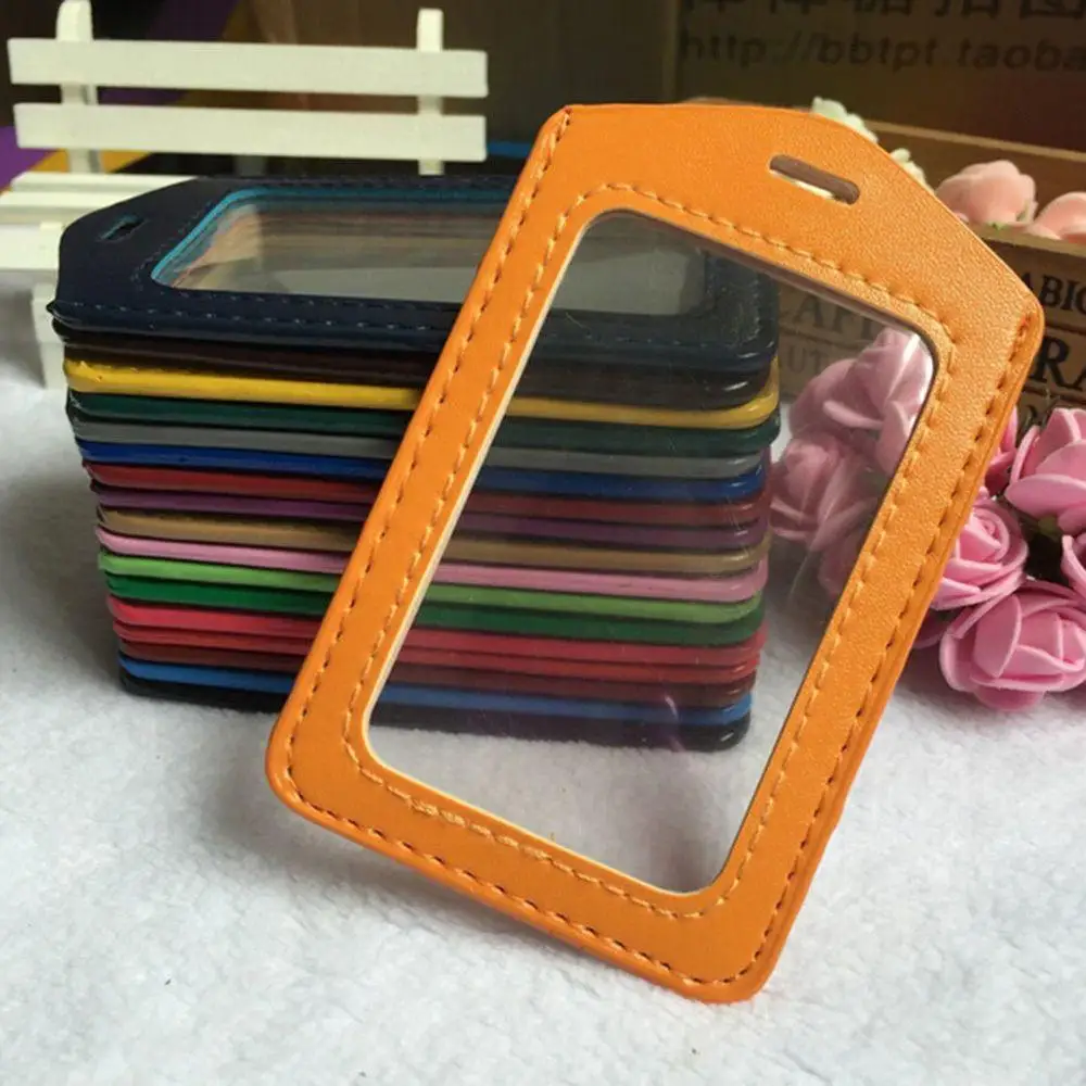 

ID PU Leather Card Holders Badge Case Clear With Color Border And Lanyard Holes Double-Sided Transparent PU Card Sleeve