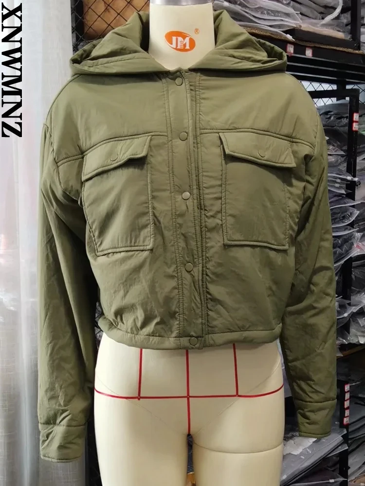 XNWMNZ 2022 autumn and winter women fashion casual hooded jacket female retro flip pocket wide padded jacket short parka