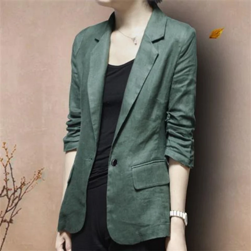 New Vintage Cotton Blazer Women Spring Summer Coat Seventh Sleeve Thin Jacket Korean Fashion Tops Business Office Ladies Suit