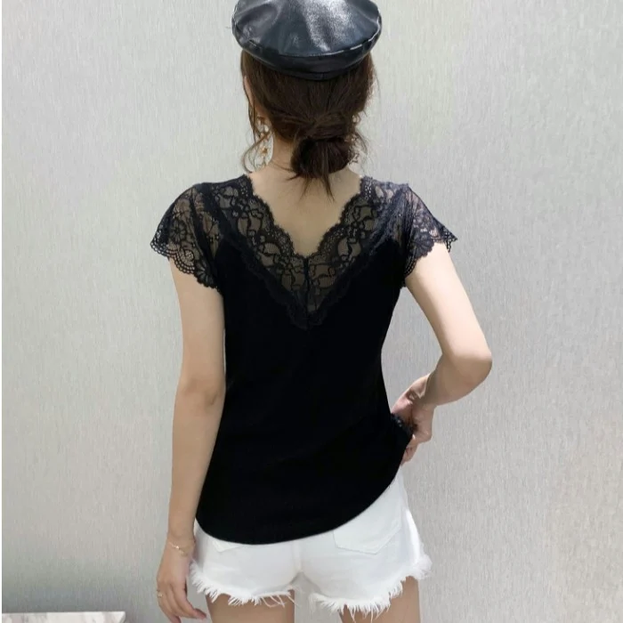 Ozhouzhan 2024 новая летняя кружевная футболка с v-образным вырезом женская тонкая