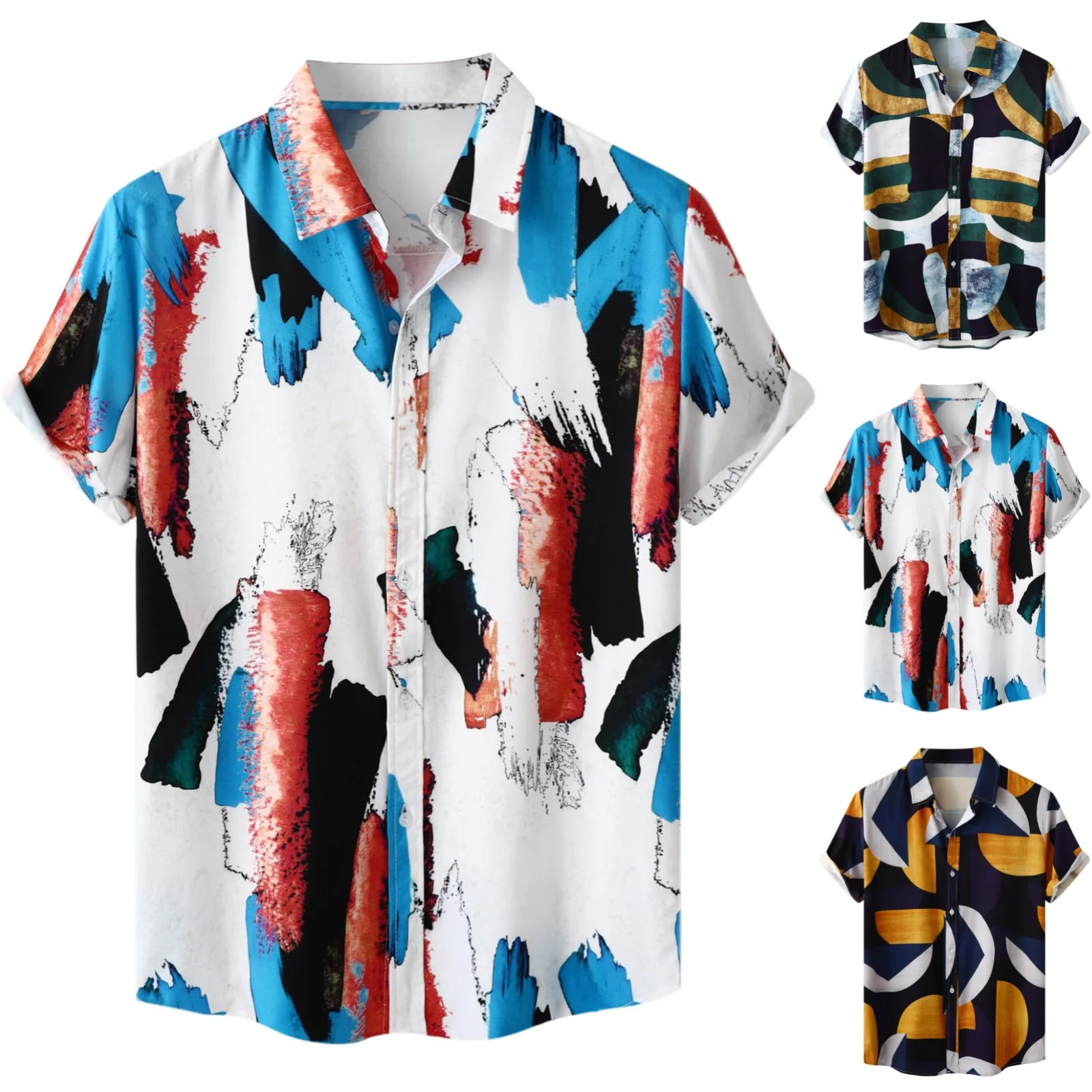 

Male Spring And Summer Single Breasted Shirts Casual Print Lapel Beach Short Sleeve OL business shirt Tops business Clothing