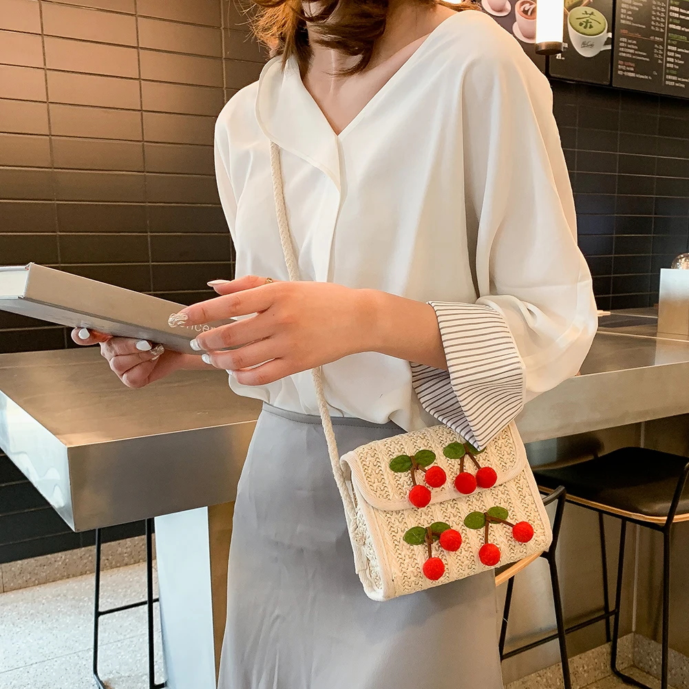 Модные вишневые соломенные сумки летние женские квадратные плетеные пляжные