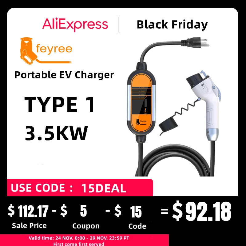 feyree Portable EV Charger Type2 IEC62196-2 16A EVSE Charging Cable Type1 SAE J1772 EU Plug Controller Wallbox for Electric Car