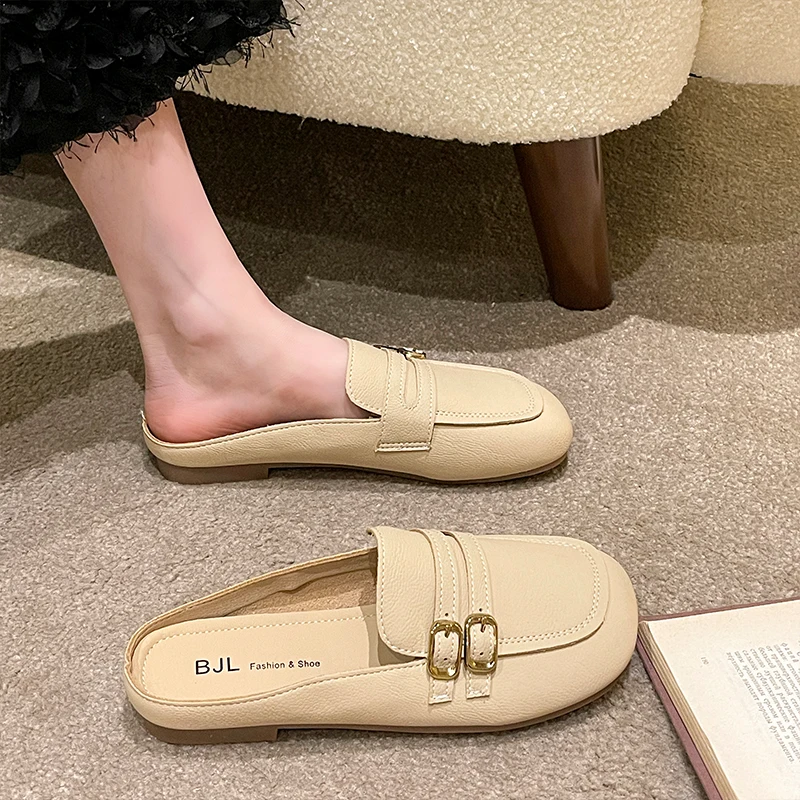 

Low Shoes Slippers Casual Slides Shallow Slipers Women Female Mule Cover Toe Luxury 2023 Mules Flat Soft Basic Fashion PU Spring