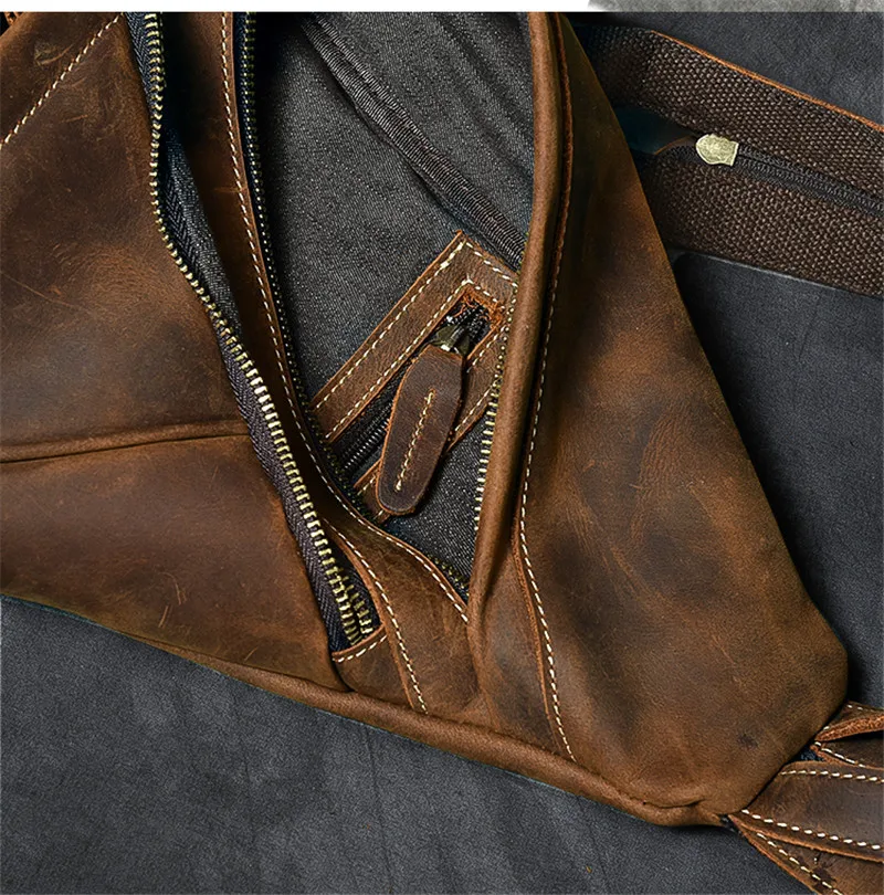 Vintage large-capacity multifunctional crazy horse cowhide men's chest bag casual design natural genuine leather crossbody bags